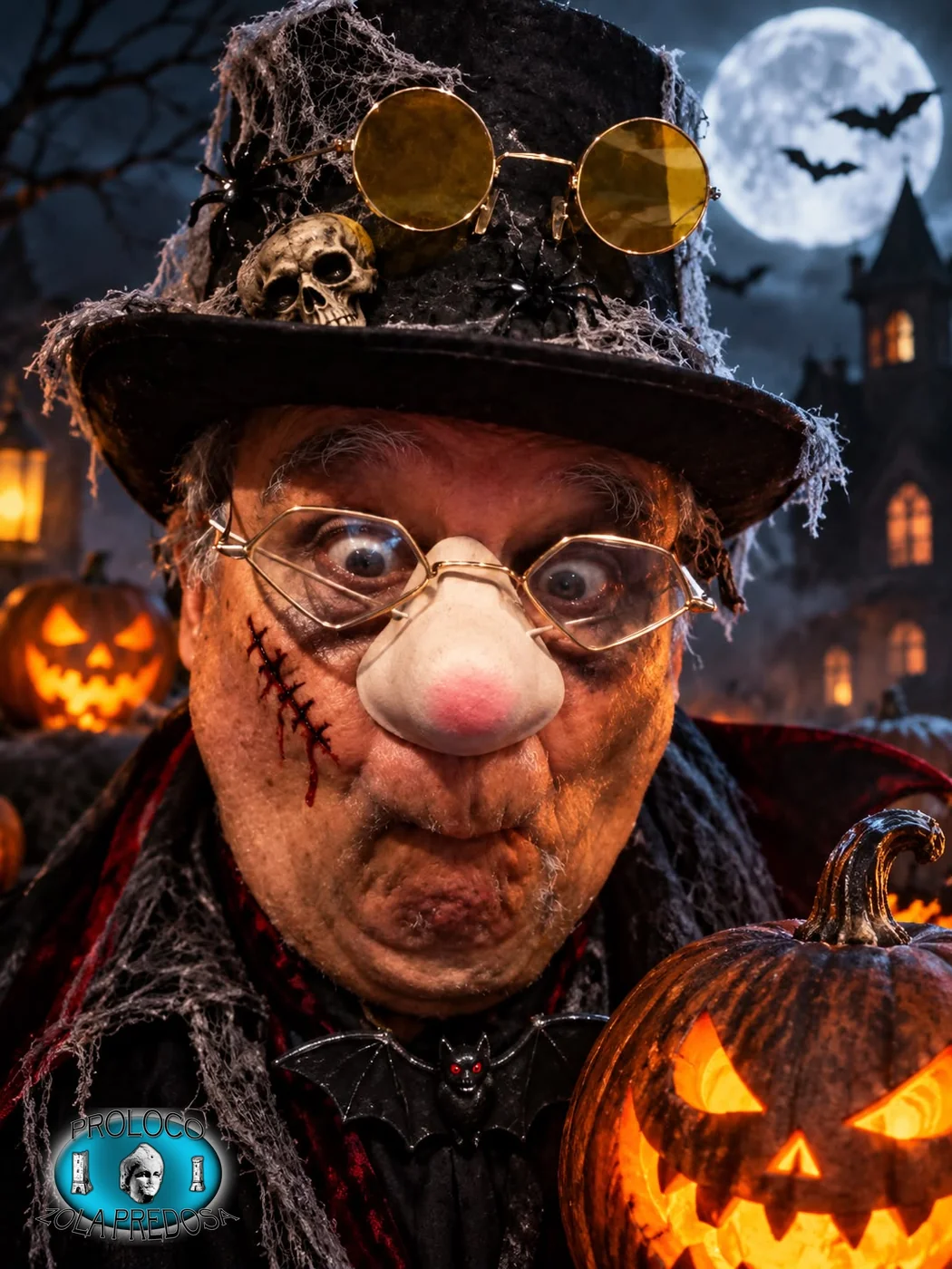 Immagine di Halloween: un uomo travestito con cappello decorato, ragnatele e zucche accese, con il logo della Pro Loco di Zola Predosa
