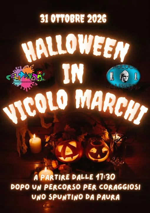 Locandina di Halloween in Vicolo Marchi: 31 ottobre 2026, dalle 17:30, percorso per i più coraggiosi e spuntino da paura